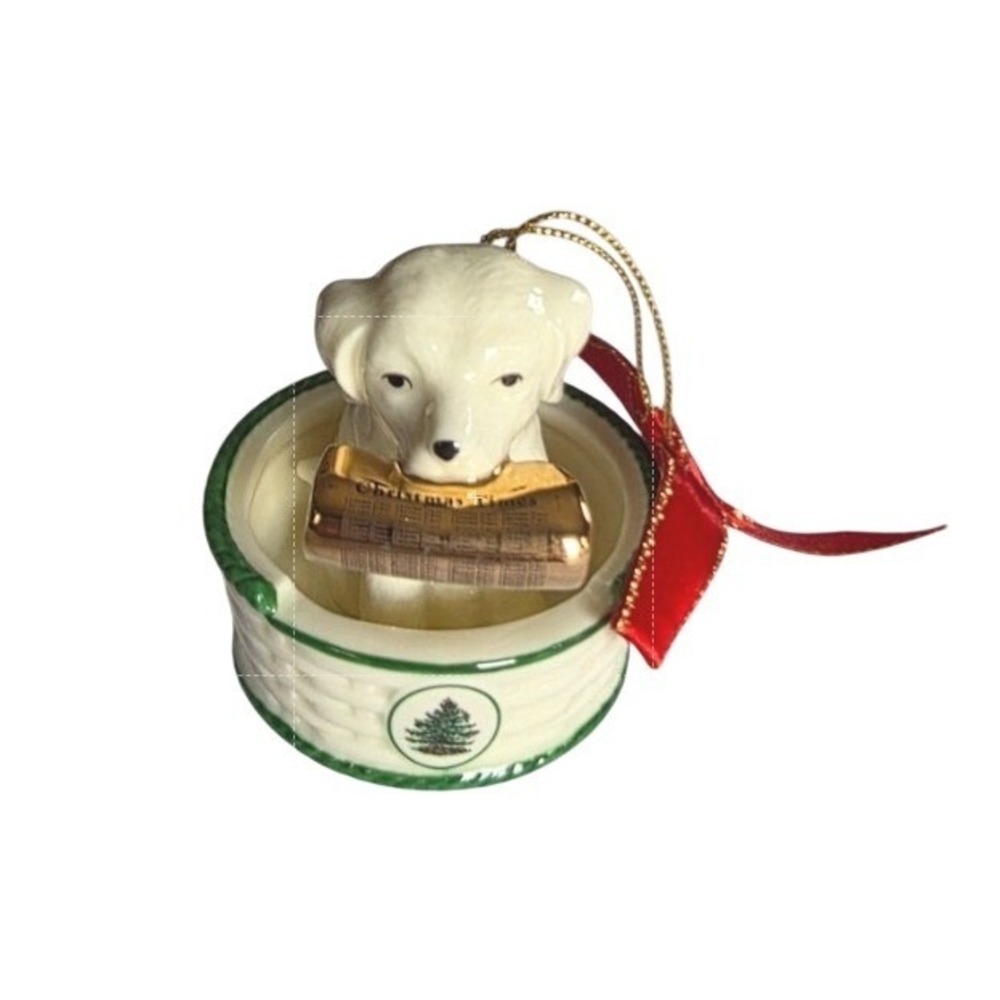 Retired Spode Christmas Tree Puppy in Basket Ornament Gold Newspaper with Box
